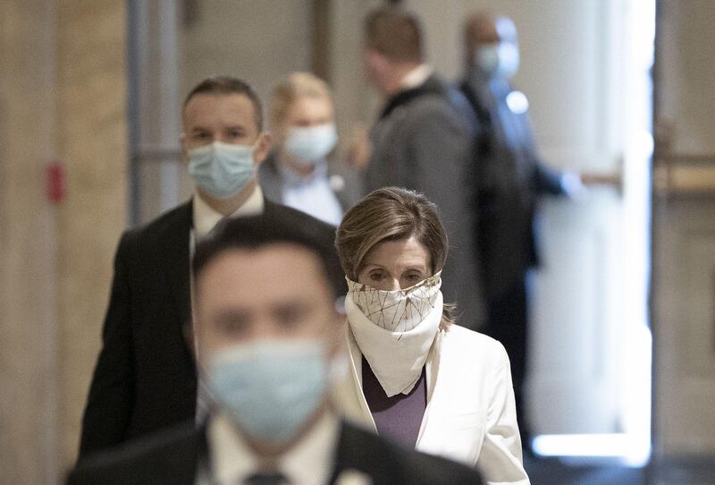 WASHINGTON, DC - APRIL 23: U.S. Speaker of the House Nancy Pelosi (D-CA) arrives at the U.S. Capitol on April 23, 2020 in Washington, DC. The House of Representatives is expected to vote later today on the latest economic stimulus package passed earlier in the week by the U.S. Senate.   Win McNamee/Getty Images/AFP
== FOR NEWSPAPERS, INTERNET, TELCOS & TELEVISION USE ONLY ==
