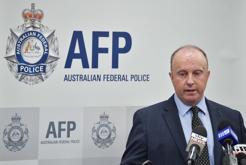 Australian Federal Police Assistant Commissioner Neil Gaughan speaks to the media about a North Korean agent in Sydney on December 17, 2017.
A Sydney-based "loyal agent of North Korea" has been charged with trying to sell missile parts and technology on the black market to raise money for Pyongyang in breach of international sanctions, Australian police said on December 17. / AFP PHOTO / PETER PARKS