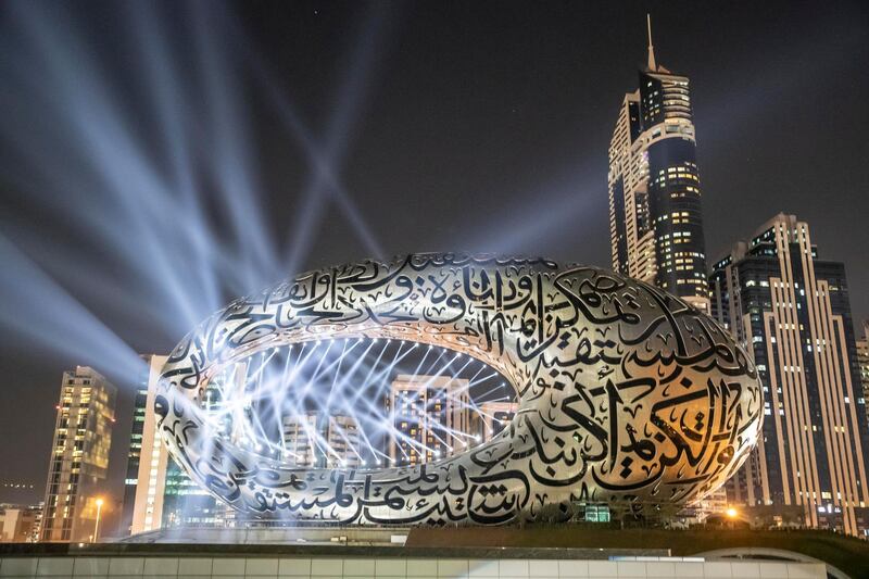 DUBAI UNITED ARAB EMIRATES. 01 DECEMBER 2020. Test of the light show to celebrate the 49th UAE National Day celebrations projected on the Museum of The Future. (Photo: Antonie Robertson/The National) Journalist: None. Section: National.
