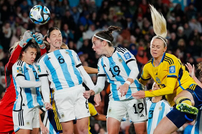 Goalmouth action from the Women's World Cup match between Argentina and Sweden. The match in Hamilton, New Zealand, was won 2-0 by Sweden. AP Photo