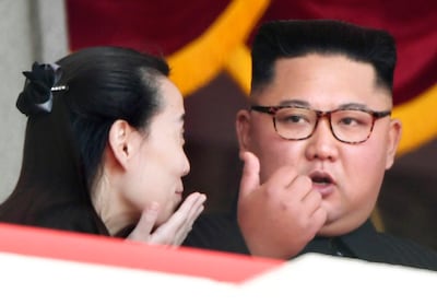 North Korean leader Kim Jong Un, right,  talks with his sister Kim Yo Jong, during a parade for the 70th anniversary of North Korea's founding day in Pyongyang, North Korea, Sunday, Sept. 9, 2018. North Korea staged a major military parade, huge rallies and will revive its iconic mass games on Sunday to mark its 70th anniversary as a nation. (Minoru Iwasaki/Kyodo News via AP)