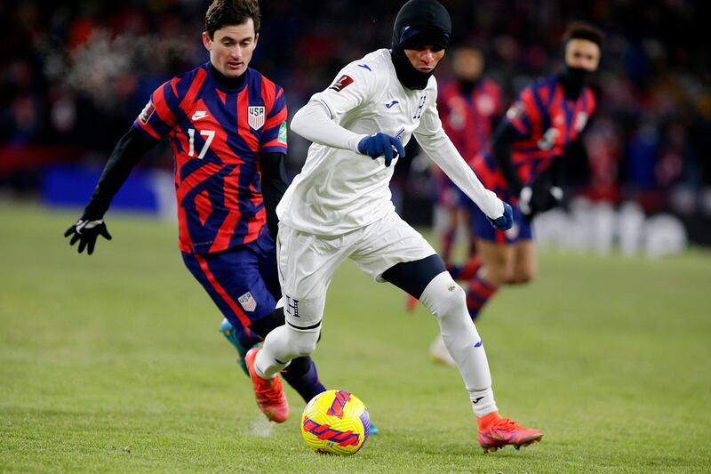 Honduras midfielder Juan Delgado (6) controls the ball in front US midfielder Luca de La Torre (17). AP Photo