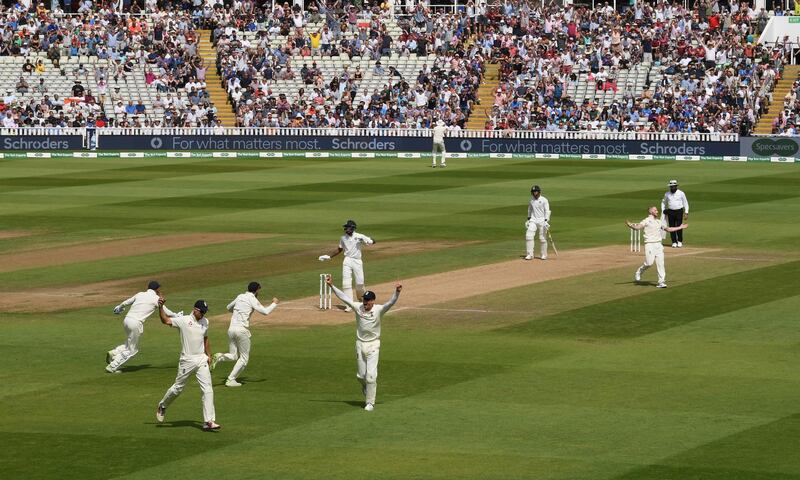 England all-rounder Ben Stokes takes the final wicket of India all-rounder Hardik Pandya caught by Alastair Cook at Edgbaston. Getty Images