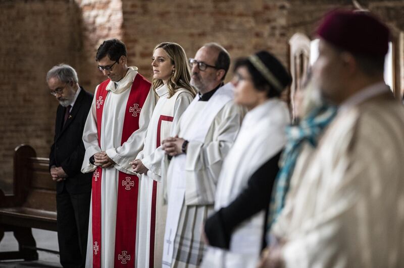 Religious leaders take part in an interfaith prayer session calling for unity in the Parochialkirche church during the coronavirus crisisin Berlin, Germany. Getty Images