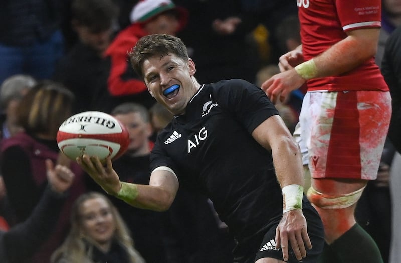 Beauden Barrett of New Zealand reacts after scoring a try during the Rugby Union Test match between Wales and New Zealand in Cardiff, Britain, 30 October 2021.   EPA / Facundo Arrizabalaga