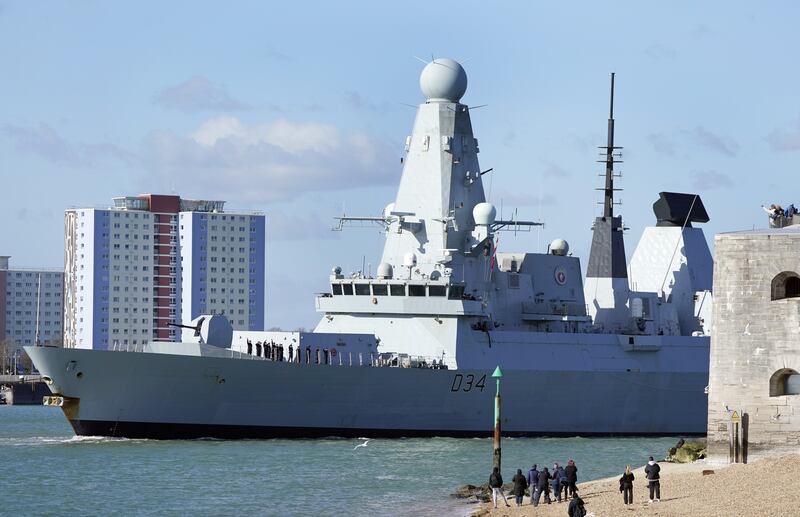 The UK Navy destroyer HMS Diamond leaves Portsmouth harbour. PA