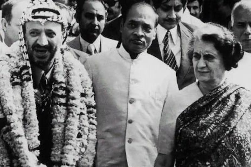 PLO leader Yasser Arafat with Indian prime minister Indira Gandhi and PV Narasimha Rao, centre, in New Delhi in 1980. Keystone-France / Gamma-Keystone via Getty Images
