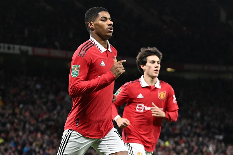 Marcus Rashford celebrates scoring the second goal. AFP