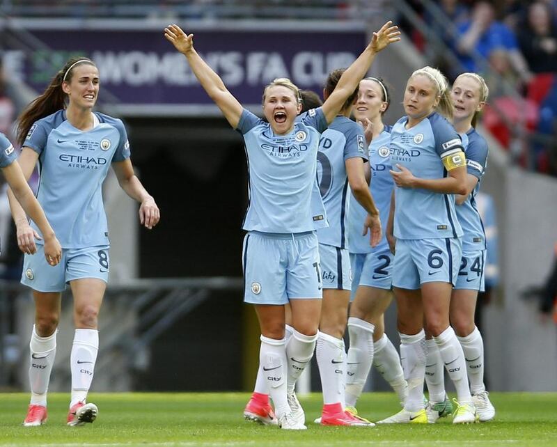 Manchester City’s Izzy Christiansen celebrates scoring her side’s second goal. Paul Childs / Reuters