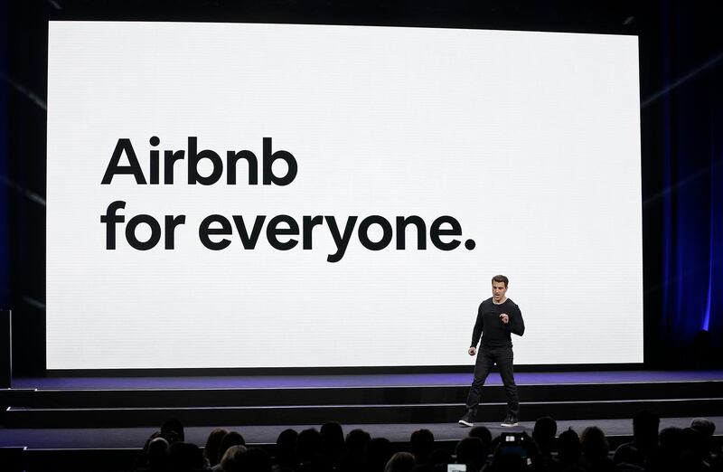 FILE - In this Feb. 22, 2018, file photo, Airbnb co-founder and CEO Brian Chesky speaks during an event in San Francisco. Activists and lawyers are targeting the IOC's most high-profile sponsors tied to next year's Beijing Winter Olympics as a way to bring light to human rights abuses in China against Muslim Uyghurs and other ethnic minorities. The top 15 IOC sponsors are household names that include Coca-Cola, Toyota, Visa, Samsung, General Electric, and Airbnb among others. (AP Photo/Eric Risberg, File)
