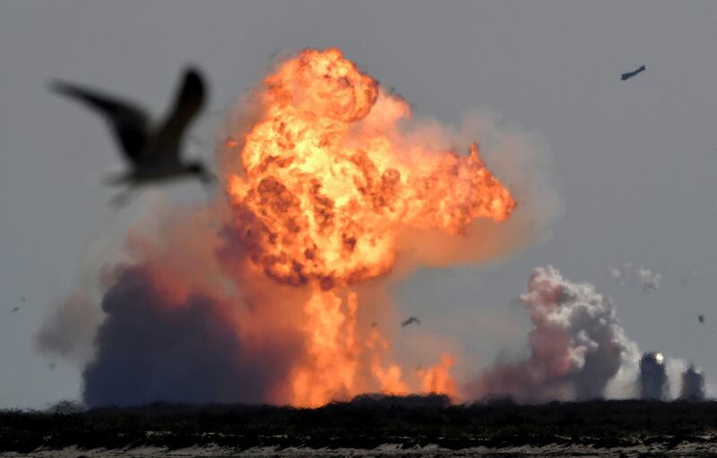 The SpaceX Starship SN9 explodes into a fireball during an attempted landing after its high-altitude test flight from test facilities in Boca Chica, Texas, US. Reuters