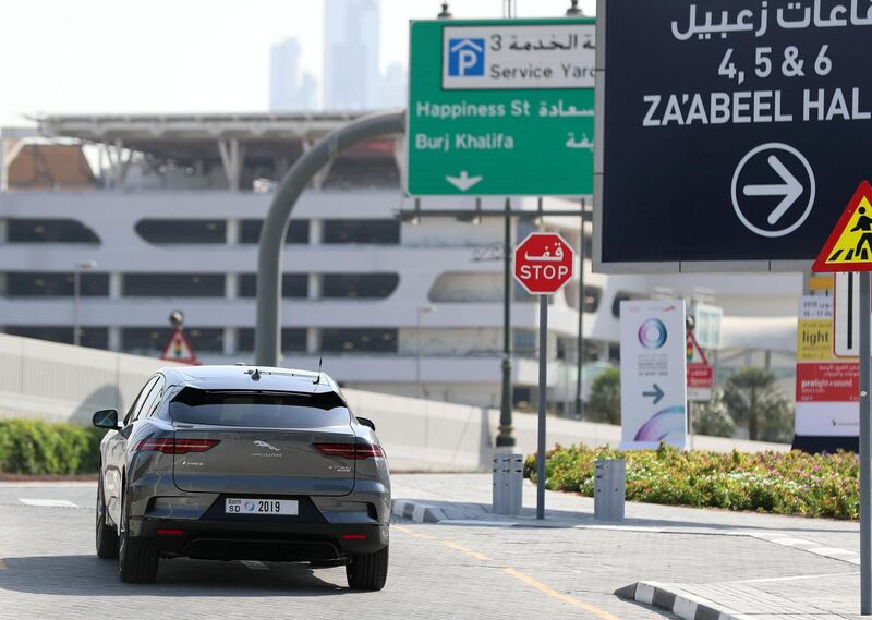 Dubai, United Arab Emirates - October 15, 2019: A Jaguar I Pace autonomous vehicle takes people on a drive to show driverless cars at work at the Dubai World Congress for Self-Driving Transport. Tuesday the 15th of October 2019. World Trade centre, Dubai. Chris Whiteoak / The National