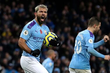 Manchester City's Sergio Aguero celebrates scoring against Southampton during the English Premier League soccer match at The Etihad Stadium on November 2, 2019. Martin Rickett / PA via AP