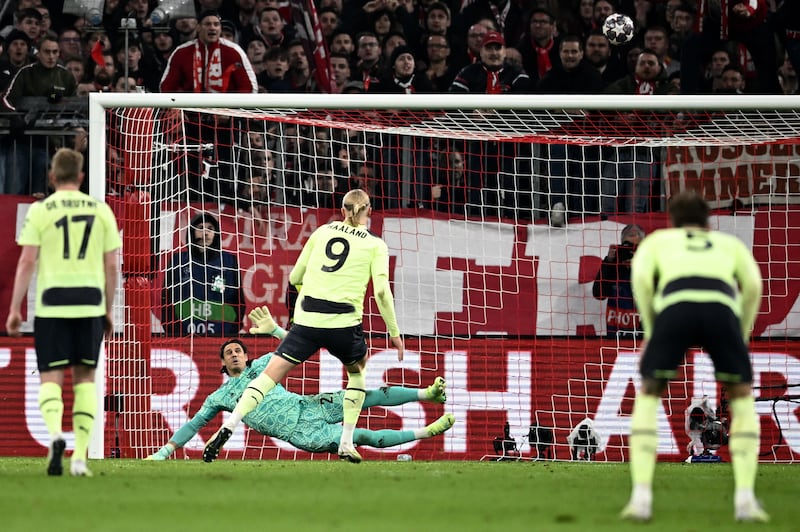Manchester City's Erling Haaland misses a penalty against Bayern Munich goalkeeper Yann Sommer. EPA 