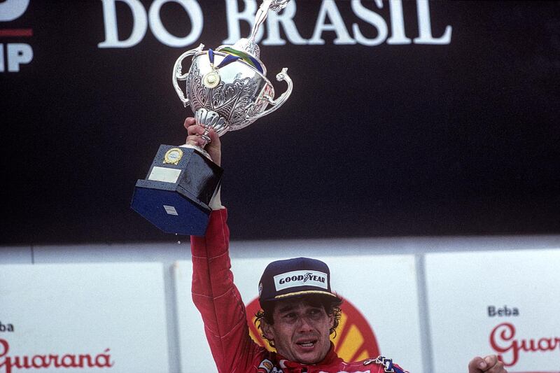 Ayrton Senna, Grand Prix of Brazil, Interlagos, 24 March 1991. (Photo by Paul-Henri Cahier/Getty Images)