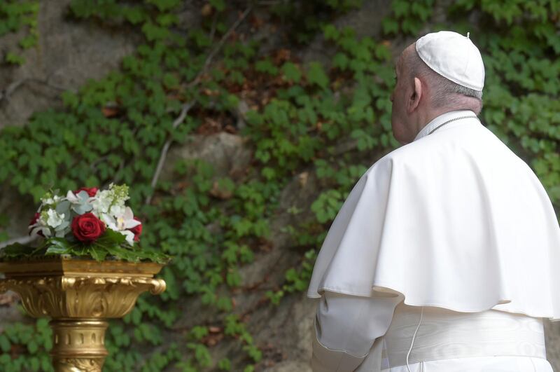 Pope Francis leads Holy Rosary prayer in Vatican gardens, at the Vatican May 30, 2020. Vatican Media/­Handout via REUTERS    ATTENTION EDITORS - THIS IMAGE WAS PROVIDED BY A THIRD PARTY.
