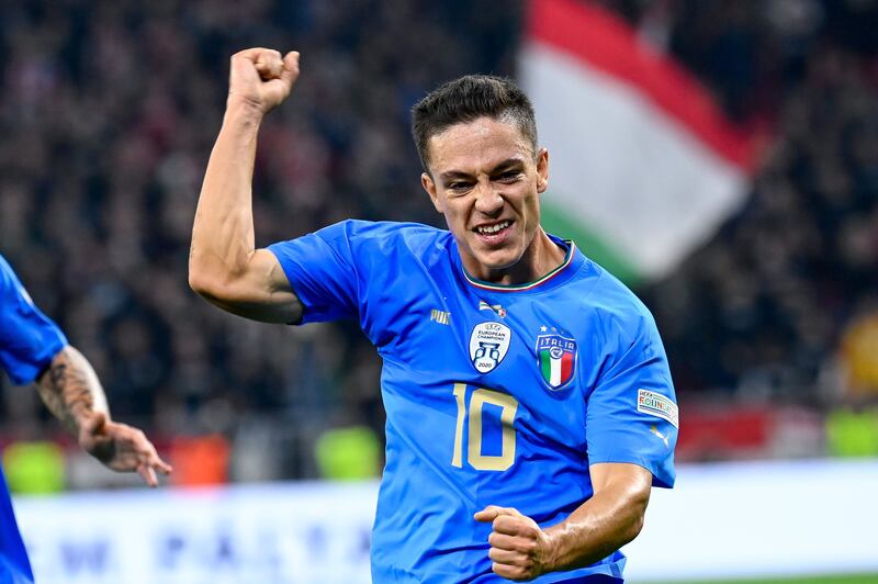 Giacomo Raspadori of Italy celebrates scoring. EPA