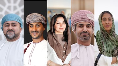 From left, Adham Al Farsi, Ali Al Jabri, curator Alia Al Farsi, Essa Al Mufarji and Sarah Al Olaqi. Photo: National Pavilion of the Sultanate of Oman