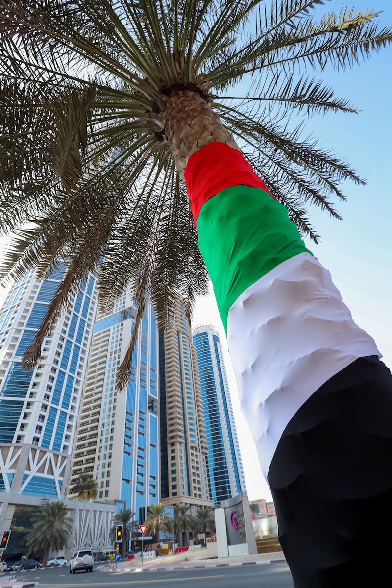 Dubai, United Arab Emirates - November 2nd, 2017: UAE flags up at Media City, Flag day. Thursday, November 2nd, 2017 at Media City, Dubai. Chris Whiteoak / The National