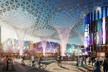 A rendering of the World Expo public space at Expo 2020. Transport developments are being put in place for the event. Dubai Expo 2020.