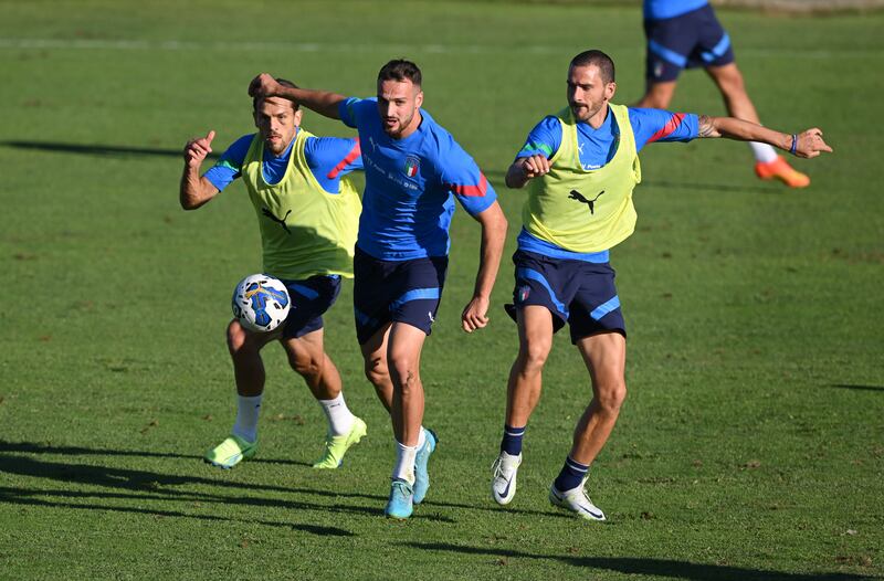 Federico Gatti and Leonardo Bonucci compete for the ball during a training session. Getty