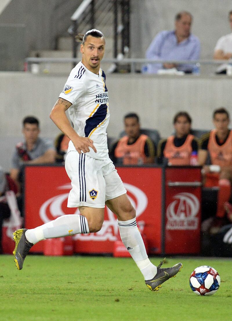 October 24, 2019; Los Angeles, CA, USA; Los Angeles Galaxy forward Zlatan Ibrahimovic (9) moves the ball against Los Angeles FC during the first half at Banc of California Stadium. Mandatory Credit: Gary A. Vasquez-USA TODAY Sports
