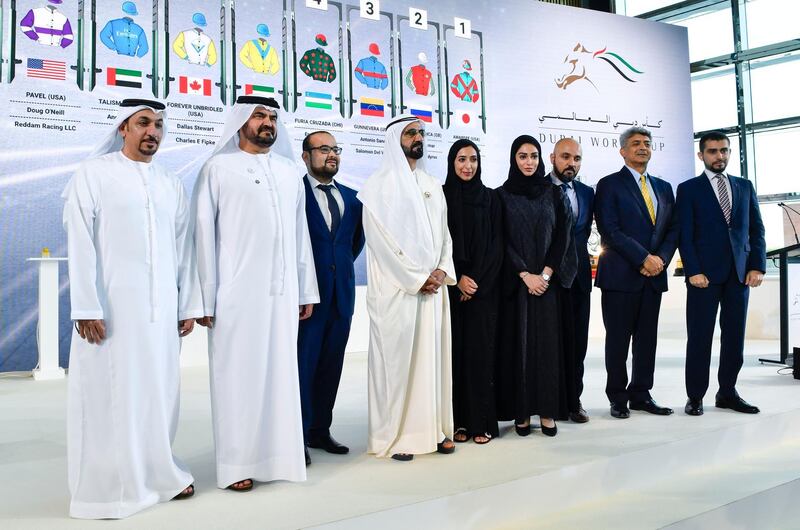 Vice President, Prime Minister of the UAE and Ruler of Dubai His Highness Sheikh Mohammed bin Rashid Al Maktoum attended the Post Position Draw for the Dubai World Cup 2018, which will take place on Saturday 31st March, at Meydan Race Course in Dubai. Wam