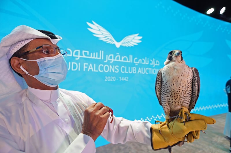 A Saudi man shows off his falcon during an auction at Saudi Falcons Club Auction in Riyadh. Ahmed Yosri / Reuters