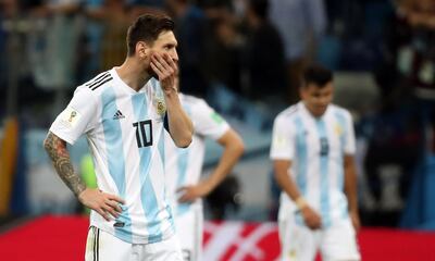 epaselect epa06829064 Lionel Messi of Argentina reacts after the 0-3  during the FIFA World Cup 2018 group D preliminary round soccer match between Argentina and Croatia in Nizhny Novgorod, Russia, 21 June 2018.

(RESTRICTIONS APPLY: Editorial Use Only, not used in association with any commercial entity - Images must not be used in any form of alert service or push service of any kind including via mobile alert services, downloads to mobile devices or MMS messaging - Images must appear as still images and must not emulate match action video footage - No alteration is made to, and no text or image is superimposed over, any published image which: (a) intentionally obscures or removes a sponsor identification image; or (b) adds or overlays the commercial identification of any third party which is not officially associated with the FIFA World Cup)  EPA/VASSIL DONEV   EDITORIAL USE ONLY