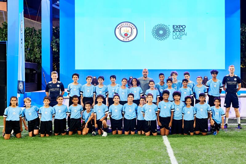 Manchester City manager Pep Guardiola at Expo 2020 Dubai. He met with young footballers at the exhibition’s City Football Schools’ site.