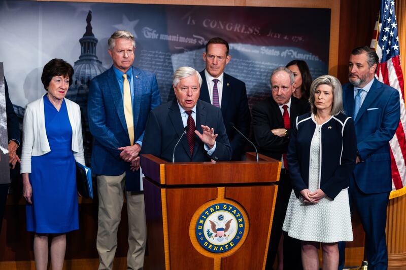 Republican Senator Lindsey Graham and other Republicans condemn US President Joe Biden's decision to pause delivery of weapons to Israel during a press conference at the US Capitol in Washington. EPA