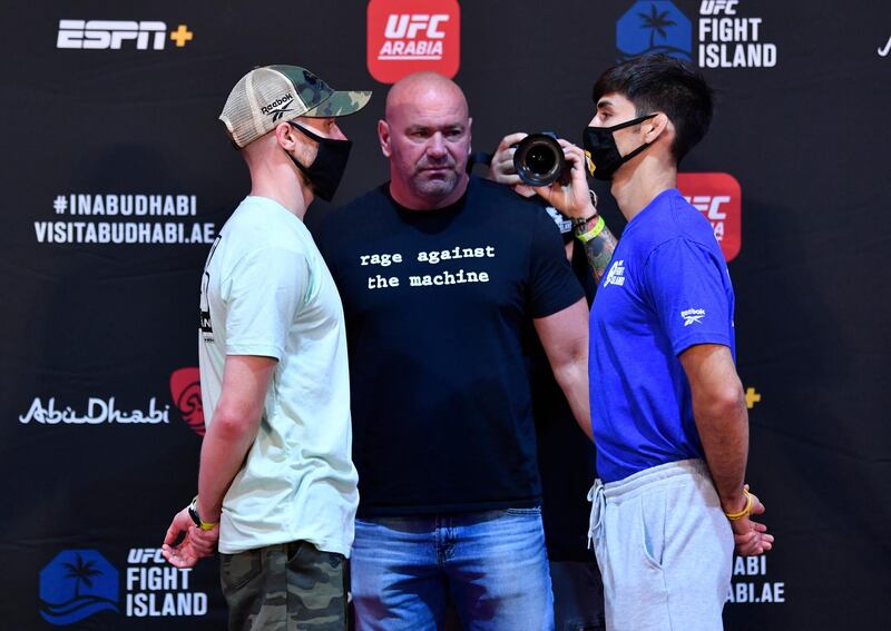 ABU DHABI, UNITED ARAB EMIRATES - JULY 14: (L-R) Opponents Jack Shore of Wales and Aaron Phillips face off during the UFC Fight Night weigh-in inside Flash Forum on UFC Fight Island on July 14, 2020 in Yas Island, Abu Dhabi, United Arab Emirates. (Photo by Jeff Bottari/Zuffa LLC via Getty Images)