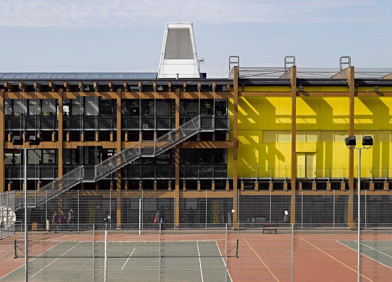 Mossbourne Community Centre Academy School, Downs Park Road, London, E5, United Kingdom, Architect: Richard Rogers Partnership, Mossbourne Academy, Richard Rogers And Partners, 2011-Overall Exterior View Towards Gym (Photo by View Pictures/Universal Images Group via Getty Images)