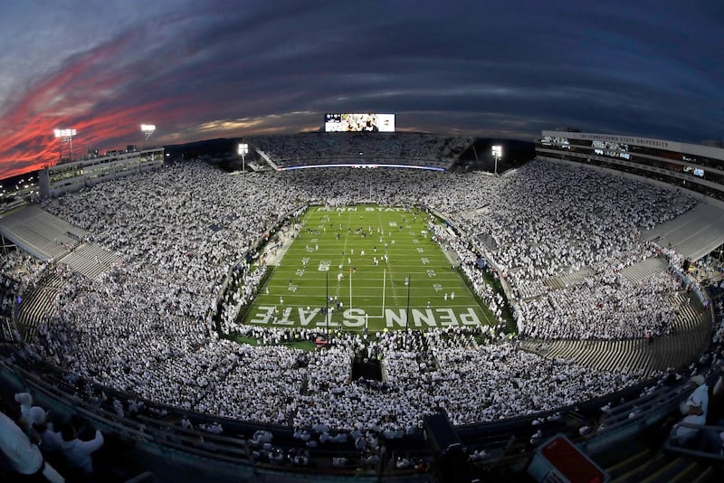 Mandatory Credit: Photo by Gene J Puskar/AP/Shutterstock (10450770bd)
The sunsets on Beaver Stadium during warm ups before an NCAA college football game between Penn State and Michigan in State College, Pa., . Penn State won 28-21
Michigan Penn State Football, State College, USA - 19 Oct 2019