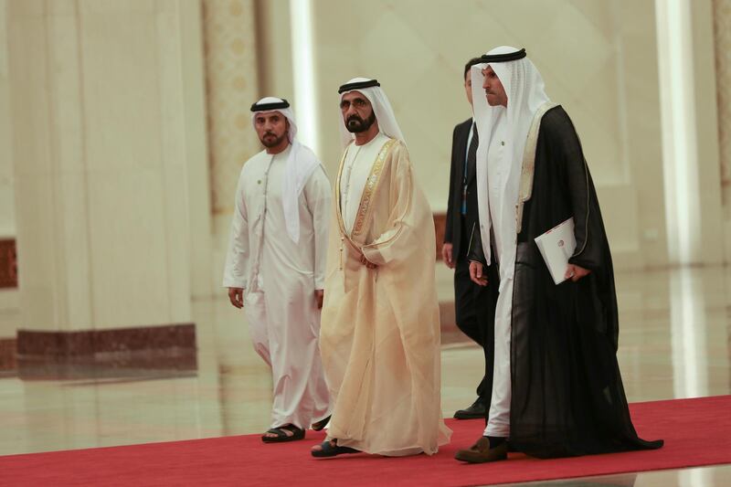 BEIJING, CHINA - APRIL 25: United Arab Emirates Vice President and Prime Minister Sheik Mohammed bin Rashid al Maktoum (center) walks towards Chinese President Xi Jinping (not pictured) before a bilateral meeting of the Second Belt and Road Forum at the Great Hall of the People on April 25, 2019 in Beijing, China. (Photo by Andrea Verdelli/Pool/Getty Images)