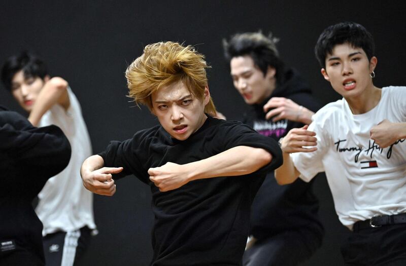 Blitzers performing during their dance practise session at a rehearsal studio in Seoul. AFP