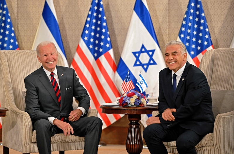US President Joe Biden and Israeli caretaker Prime Minister Yair Lapid during their meeting at a hotel in Jerusalem. AFP