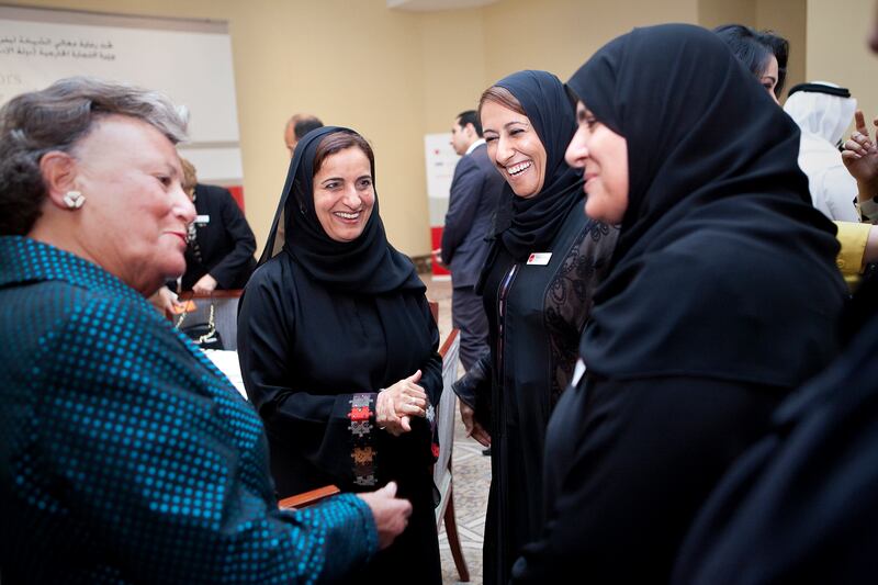 Abu Dhabi, United Arab Emirates, March 12, 2013: 
(2-L) Her Excellency Sheikha Lubna bint Khalid Al Qasimi, the newly appointed UAE Minister of Development and International Corporation, speaks with (2-R) Her Excellency Fatima Al Jaber, Al Jaber Group board member,  and Founding Member of the Women Corporate Directors (WCD) GCC Chapter, (L) Susan Schiffer Stautberg, President of PartnerCom Corporation and co-founder of Women Corporate Directors (WCD), and Raja al Gurg, also one of the Founding Members of the WCD GCC Chapter, after signing into existence the GCC chapter of the WCD at a launch event on Tuesday, March 12, 2013, at the Shangri-La Qaryat Al Beri Hotel.
Silvia Razgova / The National







