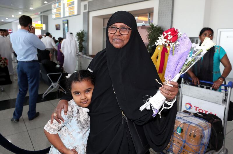 Abu Dhabi, United Arab Emirates - August 15, 2019: The return of the Hajj pilgrims from the Kingdom of Saudi Arabia. The pilgrims will be returning following the Eid Al Adha holiday. Thursday the 15th of August 2019. Abu Dhabi International Airport, Abu Dhabi. Chris Whiteoak / The National