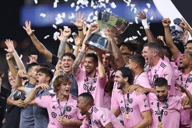 NASHVILLE, TENNESSEE - AUGUST 19: Lionel Messi #10 of Inter Miami hoist the trophy with his teammates after defeating the Nashville SC to win the Leagues Cup 2023 final match between Inter Miami CF and Nashville SC at GEODIS Park on August 19, 2023 in Nashville, Tennessee.    Tim Nwachukwu / Getty Images / AFP (Photo by Tim Nwachukwu  /  GETTY IMAGES NORTH AMERICA  /  Getty Images via AFP)