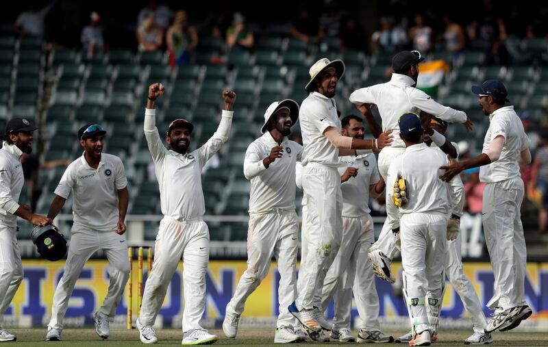 India players celebrate after winning the fourth day of the third cricket test match between South Africa and India at the Wanderers Stadium in Johannesburg, South Africa, Saturday, Jan. 27, 2018. (AP Photo/Themba Hadebe)
