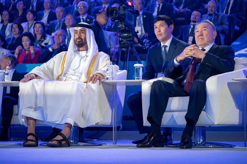 ASTANA, KAZAKHSTAN - July 05, 2018: HH Sheikh Mohamed bin Zayed Al Nahyan, Crown Prince of Abu Dhabi and Deputy Supreme Commander of the UAE Armed Forces (L) and HE Nursultan Nazarbayev, President of Kazakhstan (R) attend the opening ceremony of Astana International Financial Centre.

( Hamad Al Kaabi / Crown Prince Court - Abu Dhabi )