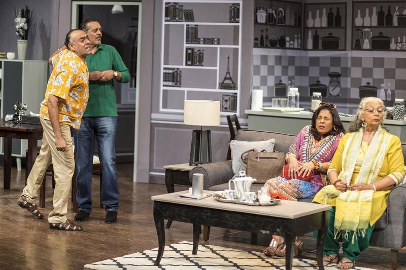 From left, Rajit Kapur as Bubbles, Shishir Sharma as Goldie and Pammi (Kajli Sharma) and Shammi (Meera Khurana), in a scene from The Siddhus of Upper Juhu. Courtesy Rage Productions