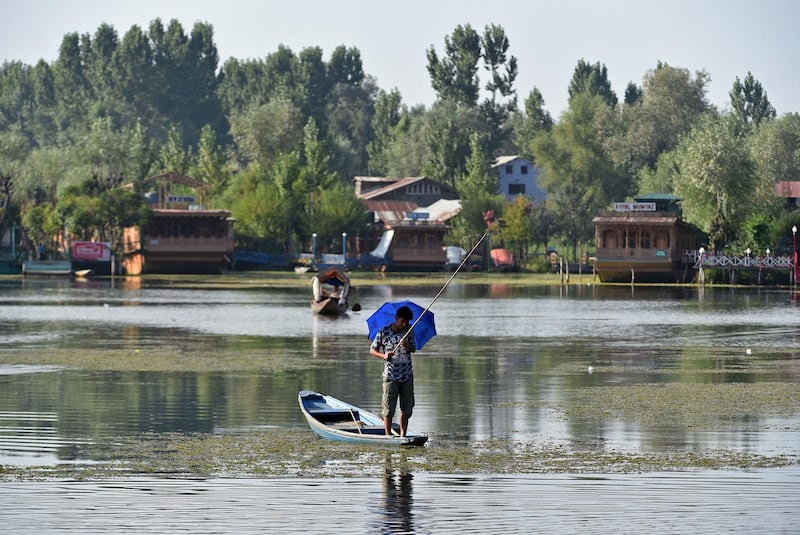 In this photo a Kashmiri man fishes on a boat in Dal Lake in Srinagar. AFP