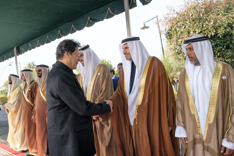 ISLAMABAD, PAKISTAN - January 06, 2019: HE Khaldoon Khalifa Al Mubarak, CEO and Managing Director Mubadala, Chairman of the Abu Dhabi Executive Affairs Authority and Abu Dhabi Executive Council Member (2nd R), greets HE Imran Khan, Prime Minister of Pakistan (L), at the Prime Minister's residence. 

(  Mohammed Al Hammadi / Ministry of Presidential Affairs )
---