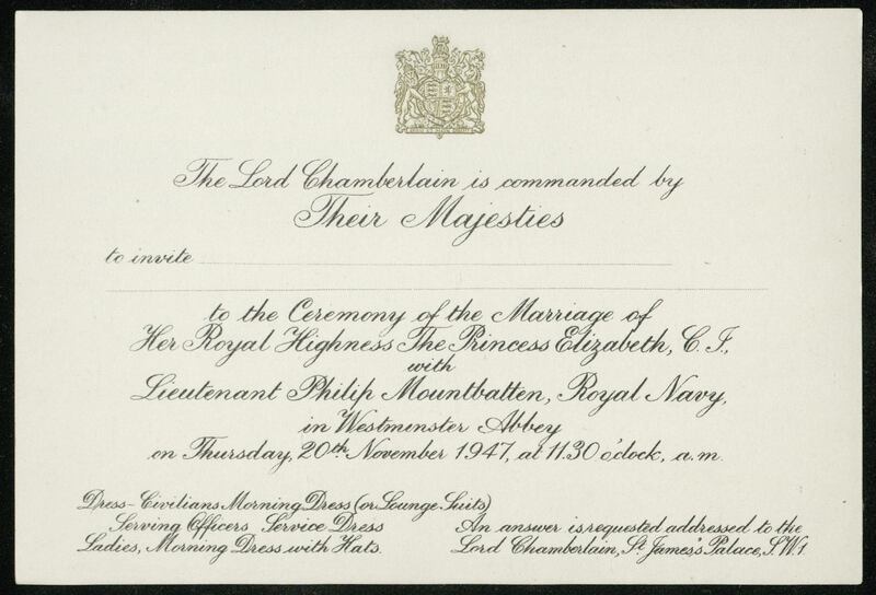 The invitation from the wedding of HRH The Princess Elizabeth and Lieutenant Philip Mountbatten. Courtesy Royal Archives