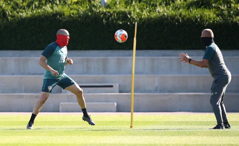 SOUTHAMPTON, ENGLAND - MAY 19: Oriol Romeu (L) as Southampton FC players return to training following Covid-19 restrictions being relaxed, at the Staplewood Campus on May 19, 2020 in Southampton, England. (Photo by Matt Watson/Southampton FC via Getty Images)