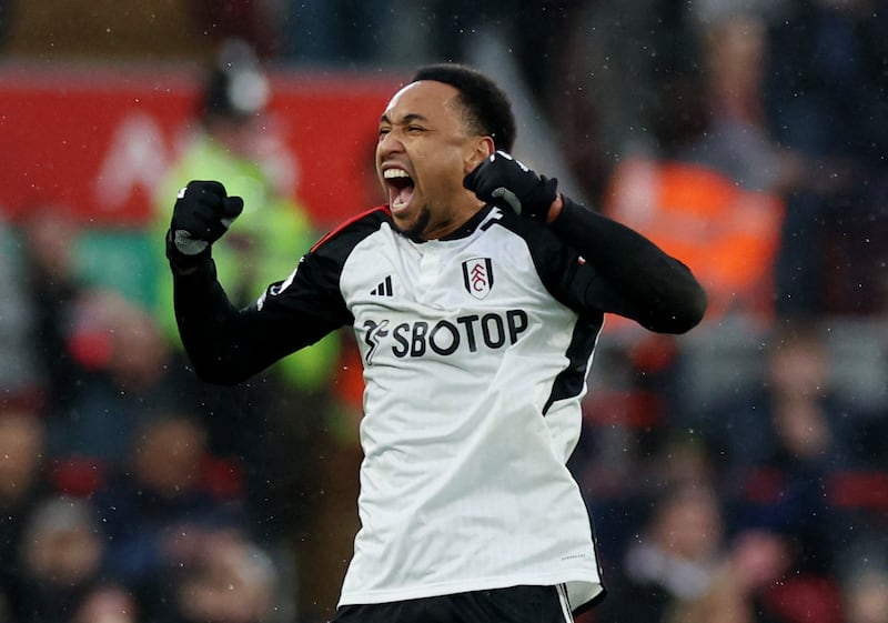Fulham's Kenny Tete celebrates after VAR rules his goal was onside making the score 2-2. Reuters