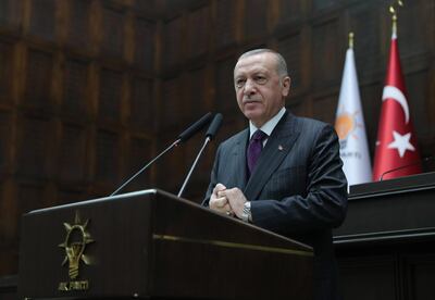 epa08743204 A handout photo made available by the Turkish President Press Office shows Turkish President Recep Tayyip Erdogan addressing members of the ruling Justice and Development Party (AKP) at their group meeting at the parliament in Ankara, Turkey, 14 October 2020.  EPA/TURKISH PRESIDENT PRESS OFFICE HANDOUT  HANDOUT EDITORIAL USE ONLY/NO SALES