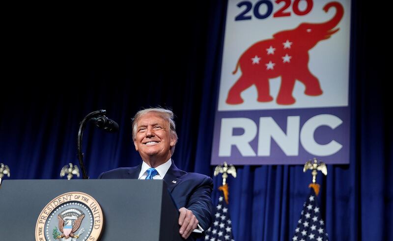 U.S. President Donald Trump addresses the first day of the Republican National Convention after delegates voted to confirm him as the Republican 2020 presidential nominee for reelection in Charlotte, North Carolina, U.S., August 24, 2020. REUTERS/Carlos Barria     TPX IMAGES OF THE DAY